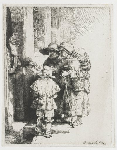 Ein blinder Drehorgelspieler und Familie erhalten Almosen von Rembrandt van Rijn